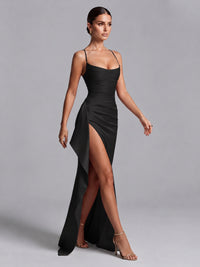 Square Neck Satin Long Prom Dress with Ruffles