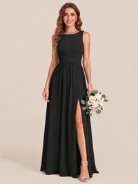 A-line Sleeveless Rucehd Chiffon Bridesmaid Dress with High Slit