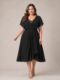 Navy Blue A-Line V-Neck Tea-Length Mother of the Bride Dress