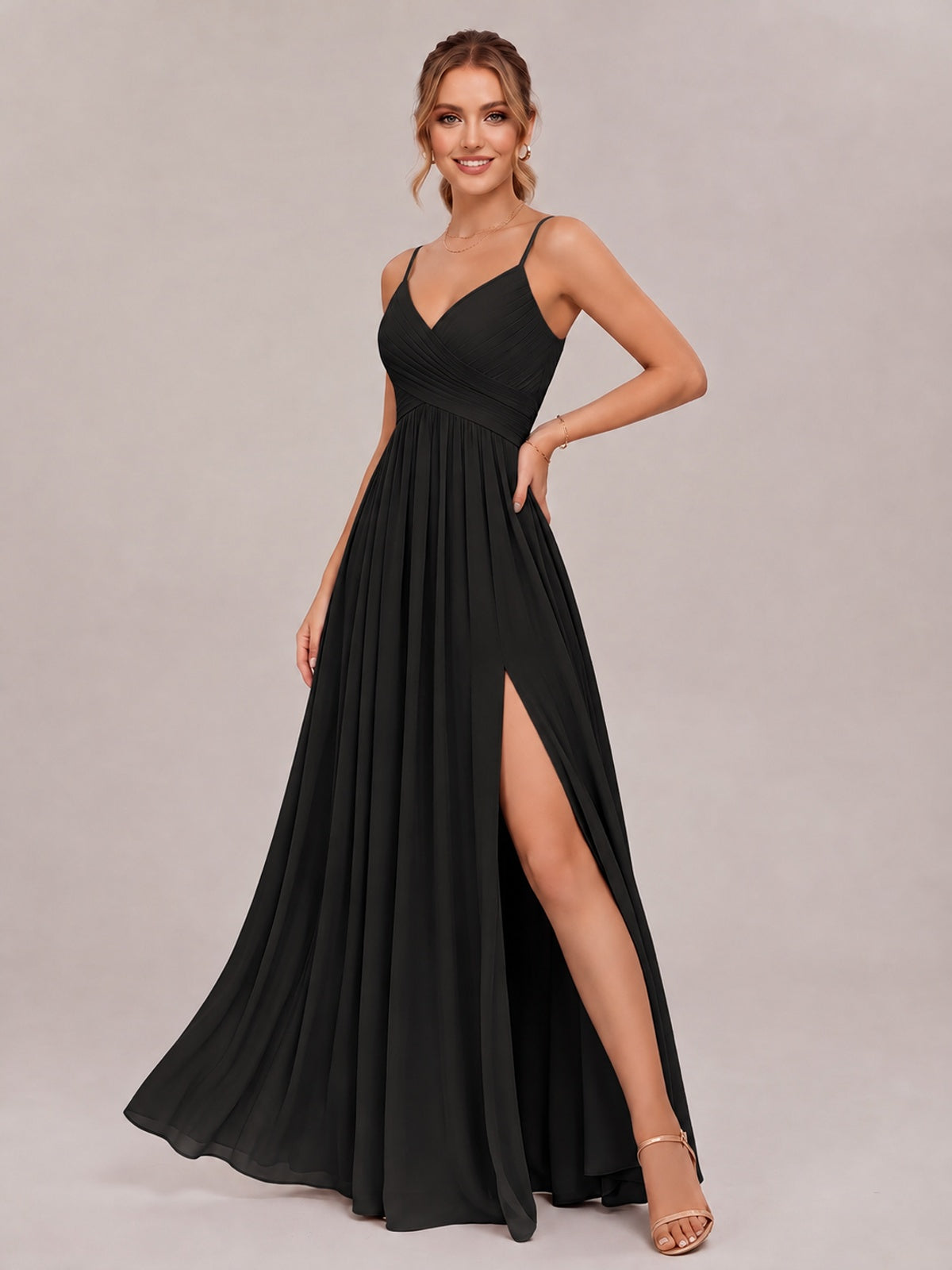 V-Neck Pleated Chiffon Long Bridesmaid Dress with Slit