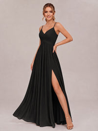 V-Neck Pleated Chiffon Long Bridesmaid Dress with Slit