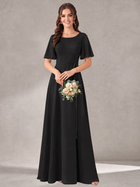 Scoop Neck A-line Chiffon Bridesmaid Dress with Flutter Sleeve & Belt