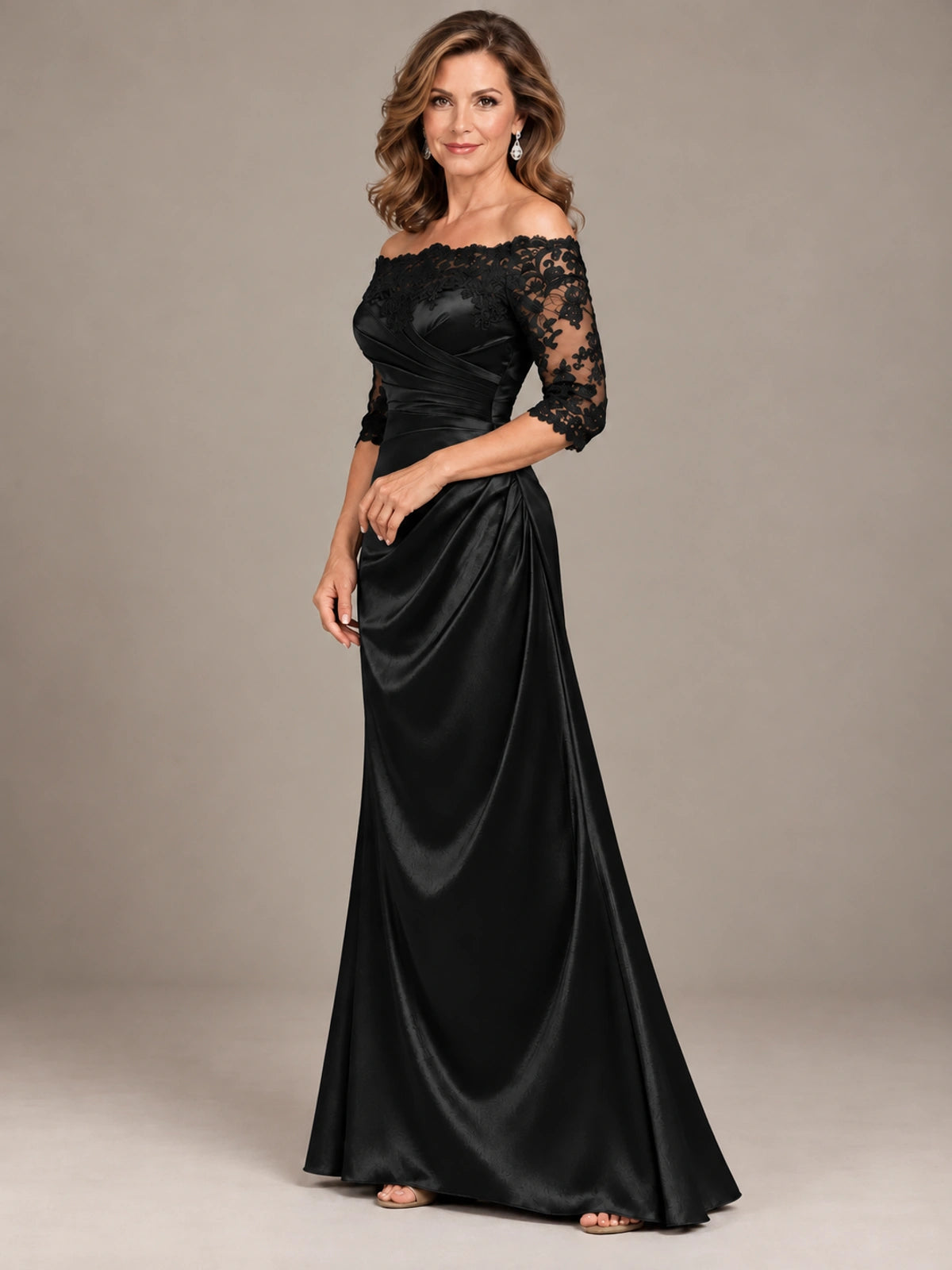 Satin Mother of the Bride Dress with Lace Sleeves Off Shoulder Formal Gown