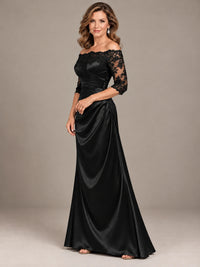 Satin Mother of the Bride Dress with Lace Sleeves Off Shoulder Formal Gown