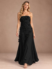 Yellow Strapless A-line Satin Maxi Dress with 3D Floral