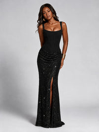 Sequin Corset Mermaid Prom Dress with Square Neck Wide Strap High Slit