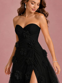 3D Floral Applique Strapless Tulle Prom Dress with High Slit