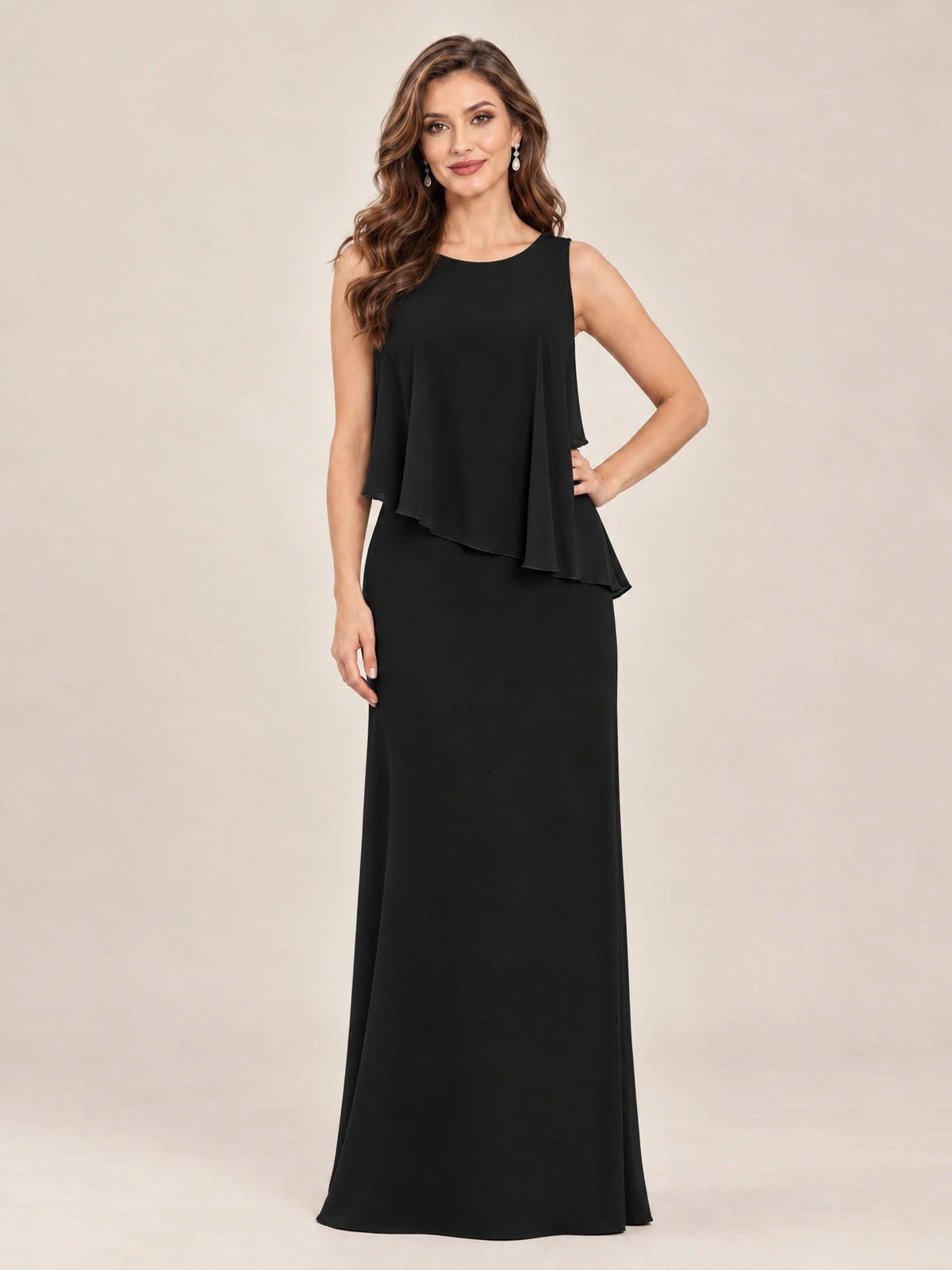 Cape Sleeve Mother of the Bride Dress with Asymmetrical Overlay