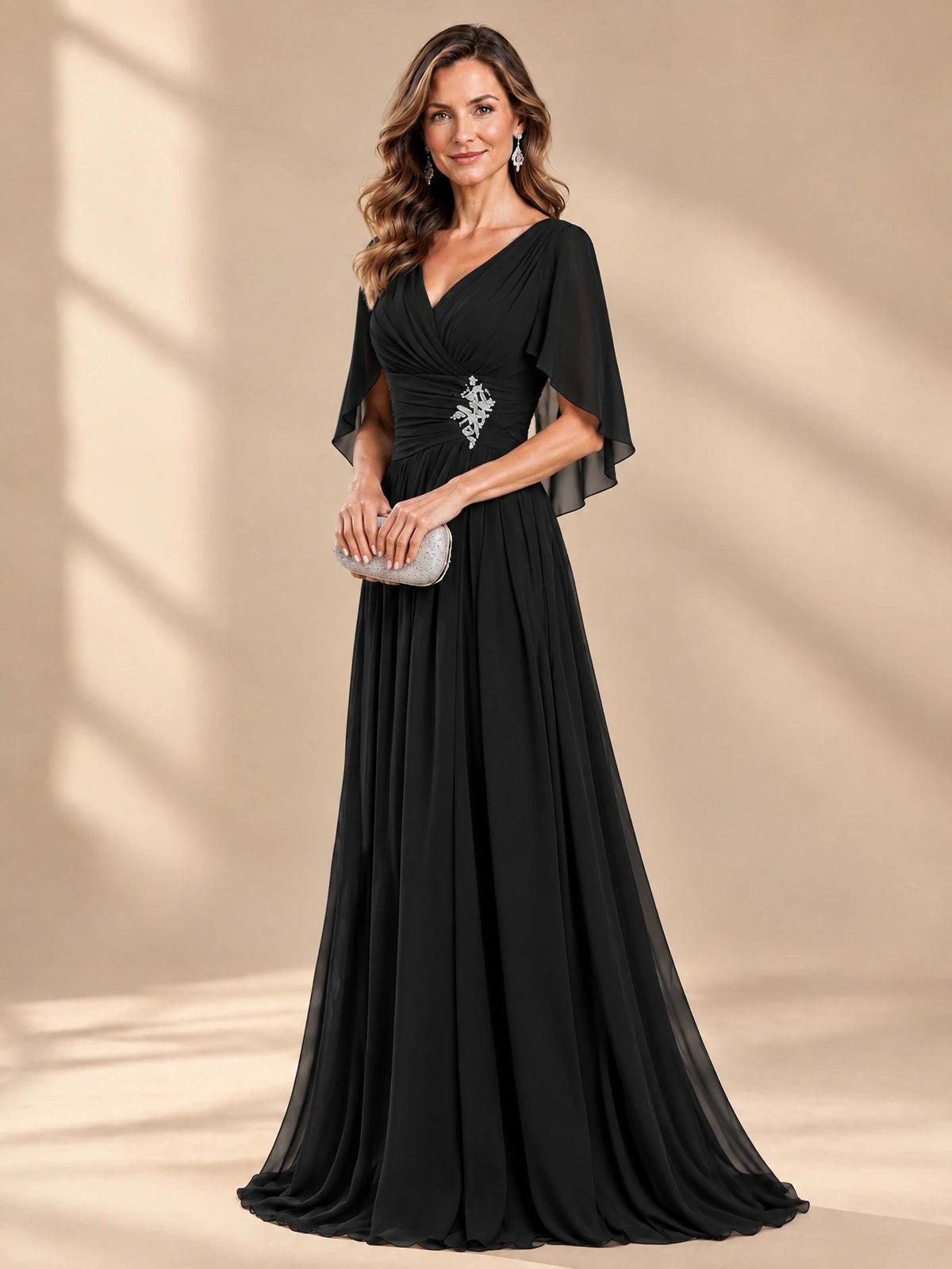 Ruched V Neck Mother of The Bride Dresses with Shawls Appliques and Cap Sleeves
