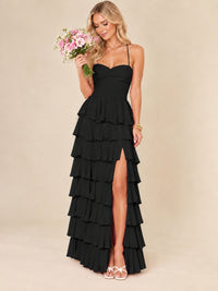 Ruffled Tiered Chiffon Prom Dress Spaghetti Straps Formal Maxi Dress with Slit