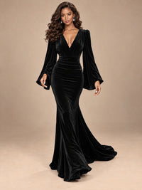Burgundy Velvet Deep V-Neck Ruched Long Sleeve Maxi Dress