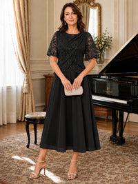 Tea-Length Chiffon Mother of the Bride Dress with Sequin Lace Sleeves