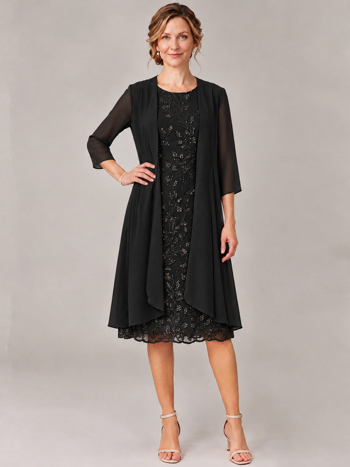 Tea Length Sequin Lace Mother of The Bride Dress with Chiffon Jacket