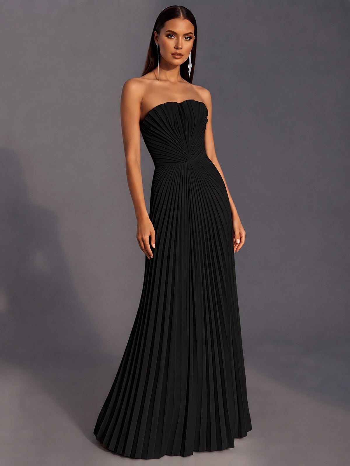 Strapless A-line Long Pleated Satin Prom Dress