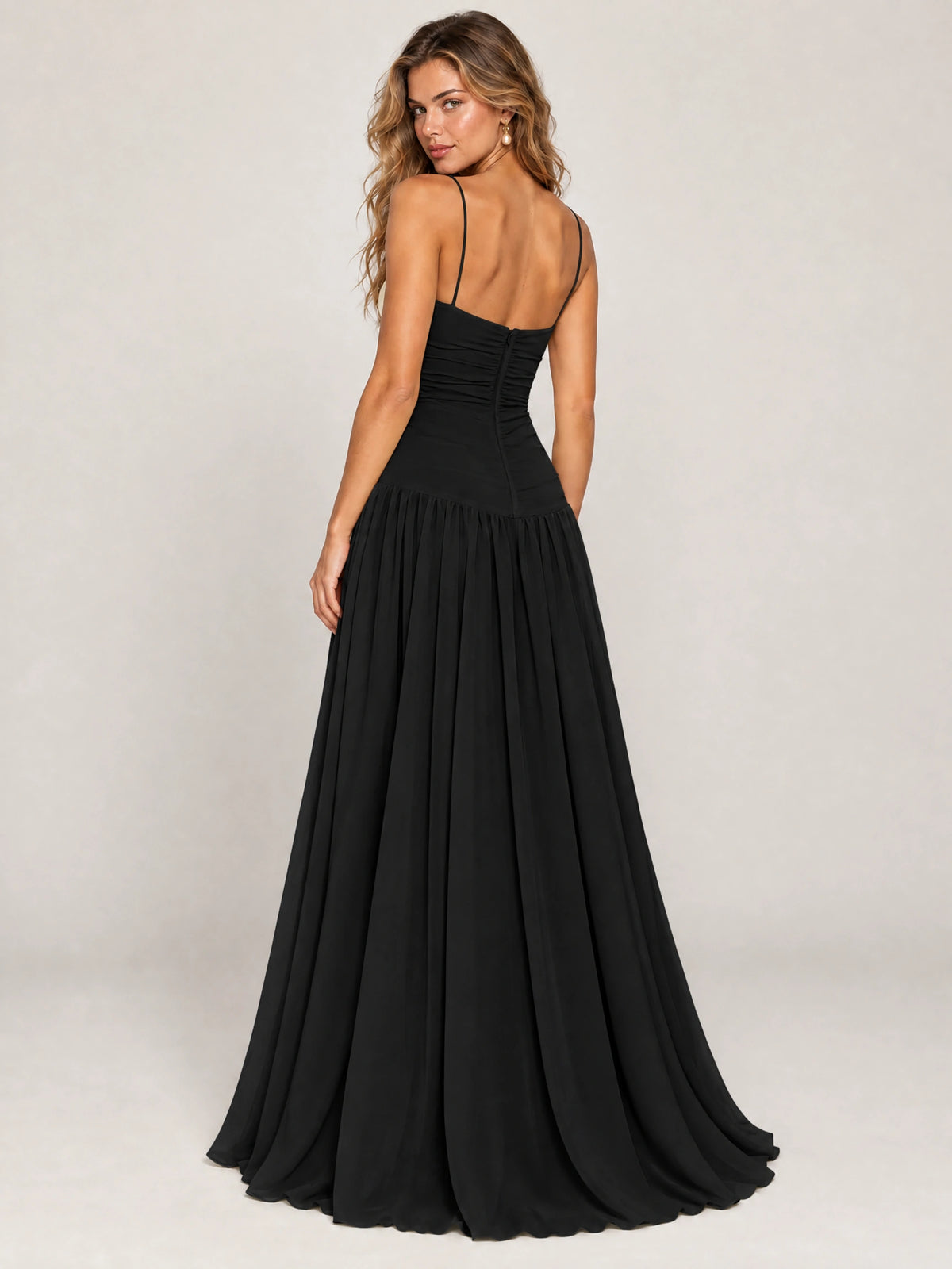 Butter Yellow Ruched Spaghetti Strap Drop-Waist Prom Dress