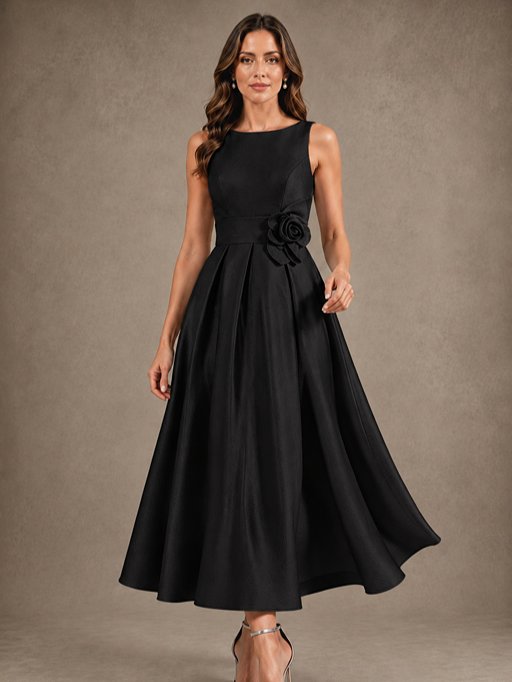 Tea-Length Satin Mother of the Bride Dress with 3D Flower Detail
