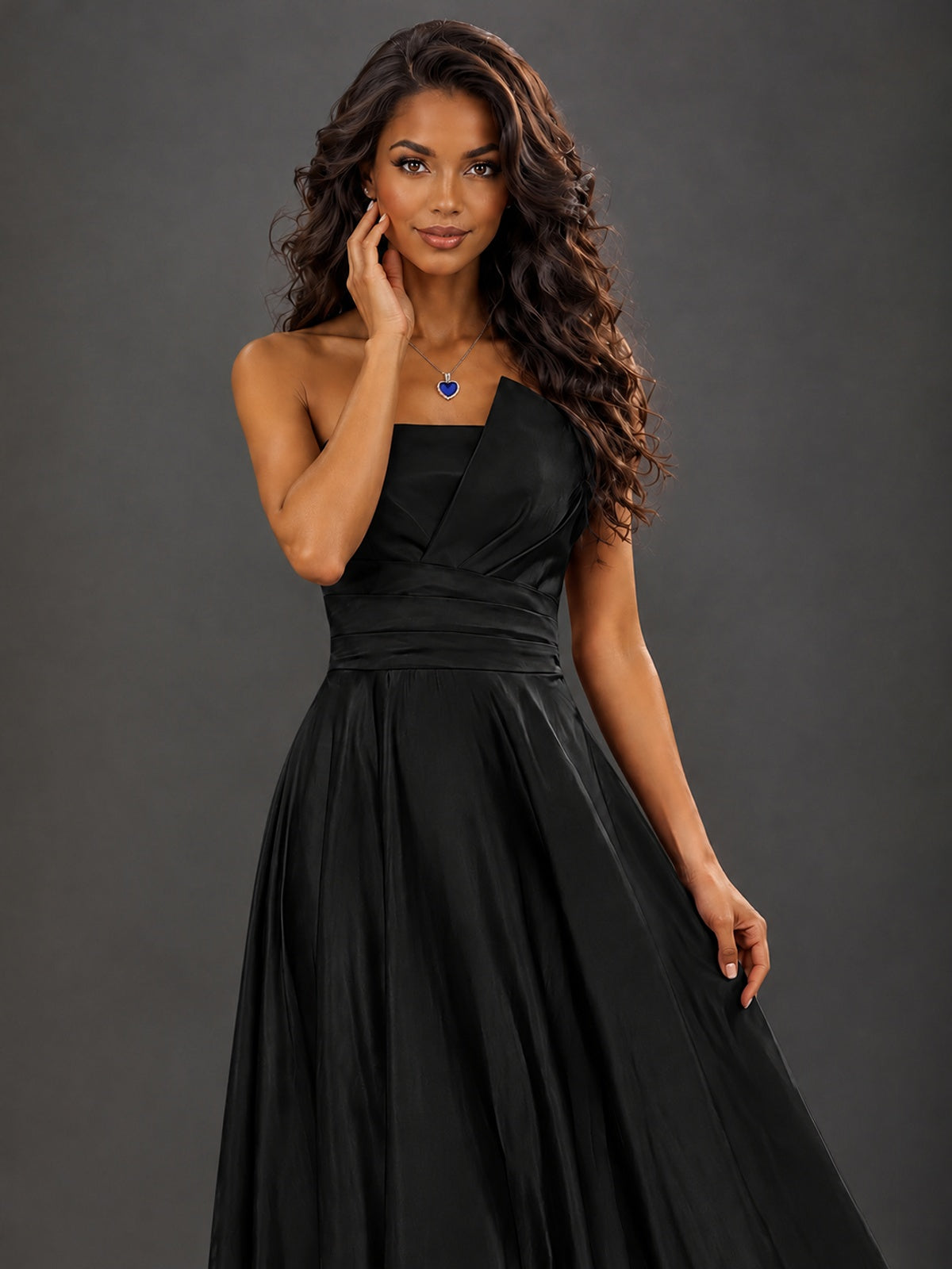 Draped Satin Prom Dress Strapless A-line Formal Dress Floor Length