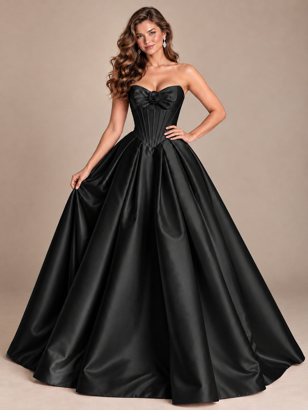 Pink Strapless Corset Satin Prom Derss & Ball Gown with 3D Floral