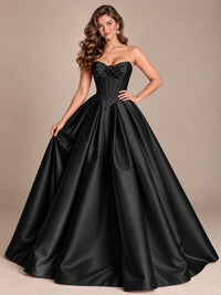 Pink Strapless Corset Satin Prom Derss & Ball Gown with 3D Floral