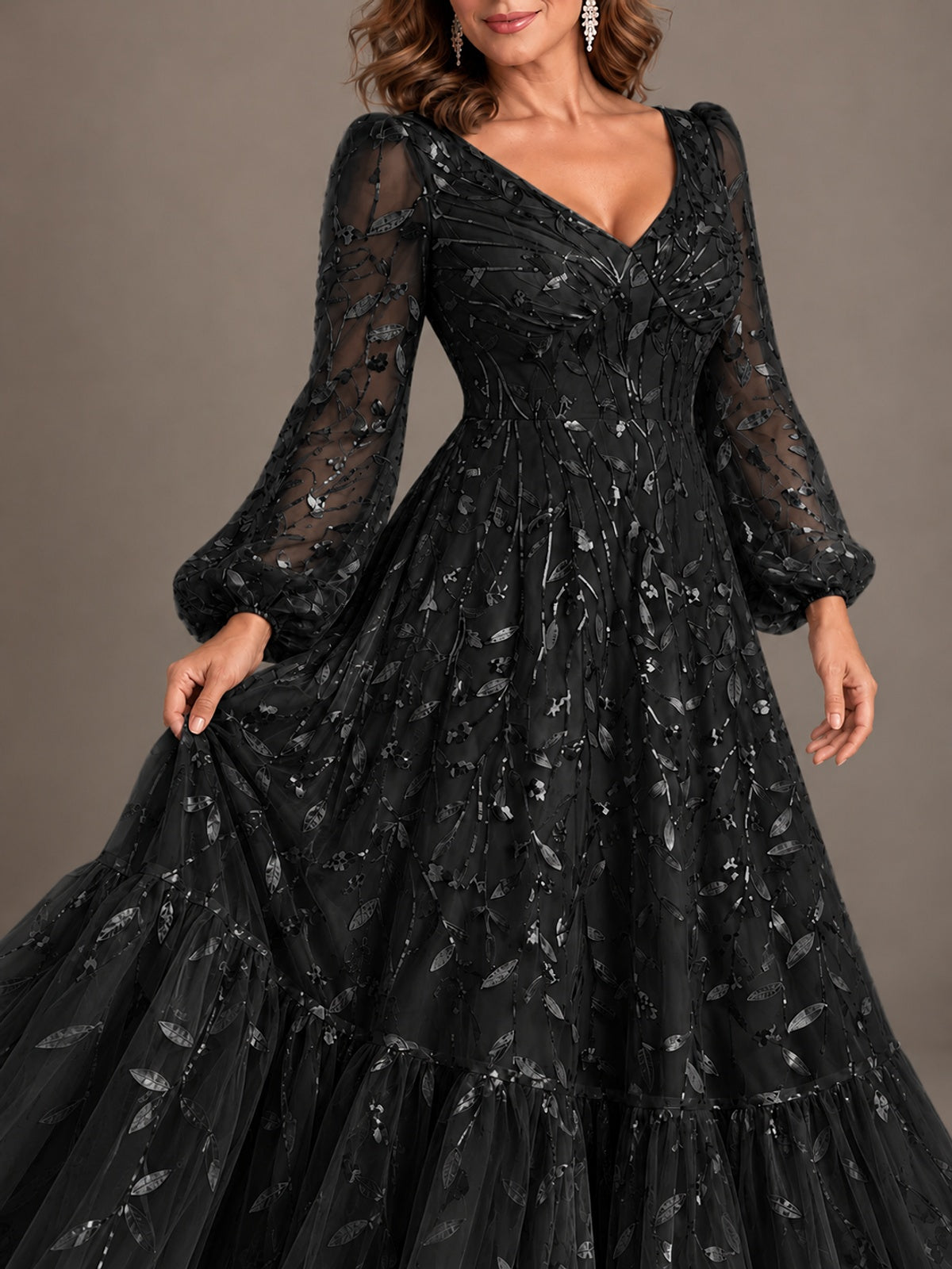 Floral Sequin Embroidered A-Line Mother of the Bride Dress with Long Sleeves