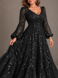 Floral Sequin Embroidered A-Line Mother of the Bride Dress with Long Sleeves