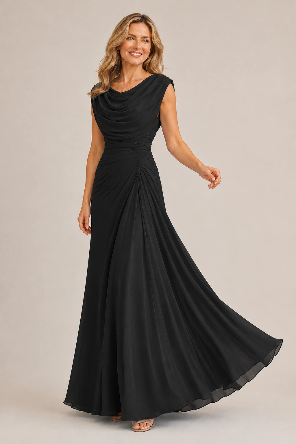 Cowl Neck Ruched Chiffon Mother of the Bride Dress