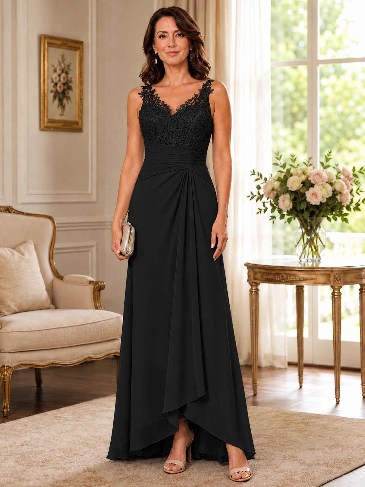 Elegant Chiffon Mother of the Bride Dress with Lace Applique and Cape Sleeves