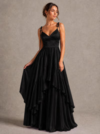 Lavender Satin V-Neck Ruffle Maxi Dress