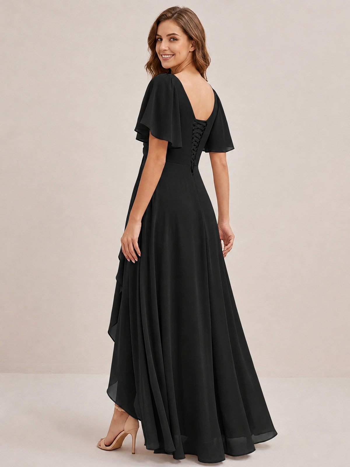 Dusty Blue Chiffon Bridesmaid Dress with Flutter Sleeves & High-Low Hem