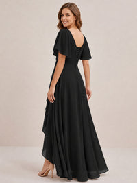 Dusty Blue Chiffon Bridesmaid Dress with Flutter Sleeves & High-Low Hem