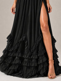 Halter V Neck Chiffon Formal Dress with Lace-Up Back and Ruffle Hem