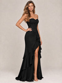 Strapless Lace Appliques Corset Satin Prom Dress Ruffle Slit Evening Gown