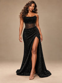 Gold Sequin Strapless Corset Prom Dress with High Slit