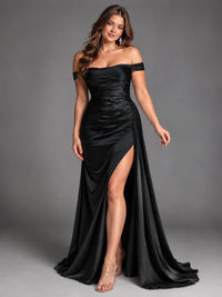 Off Shoulder Satin Maxi Dress with Slit