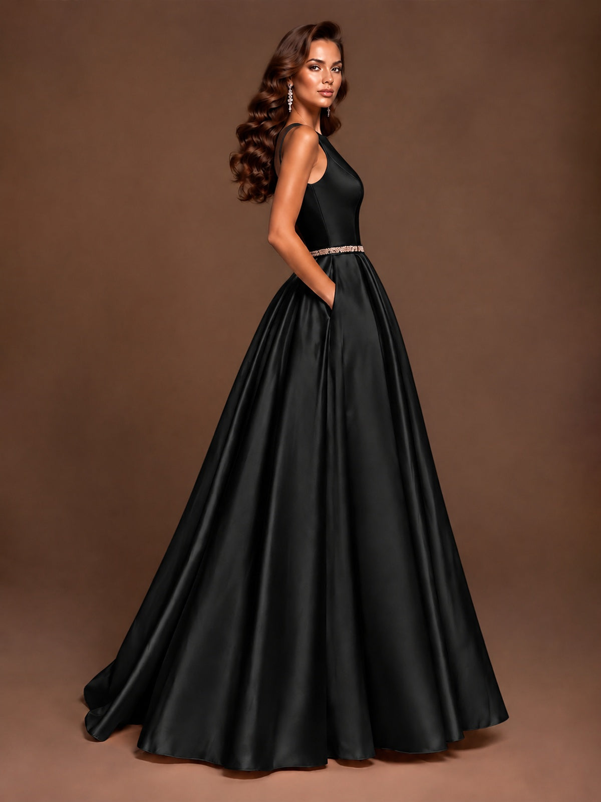 Satin A-Line Prom Dress Sleeveless Beaded Waist Formal Gown with Pockets