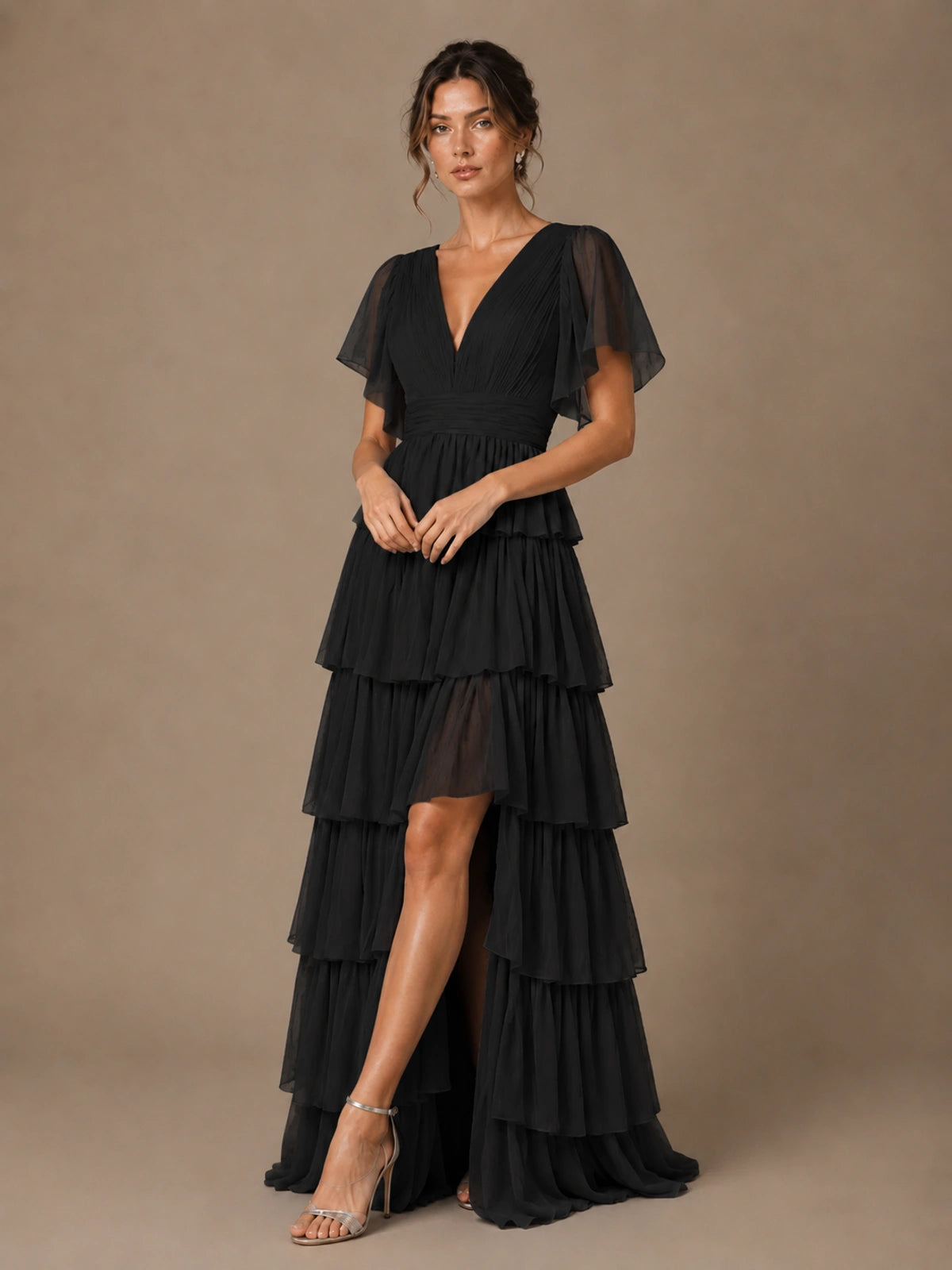 Chiffon V-Neck Tiered Ruffle Bridesmaid Dress with Slit