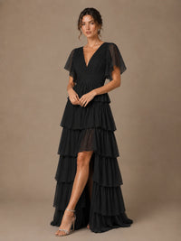 Chiffon V-Neck Tiered Ruffle Bridesmaid Dress with Slit