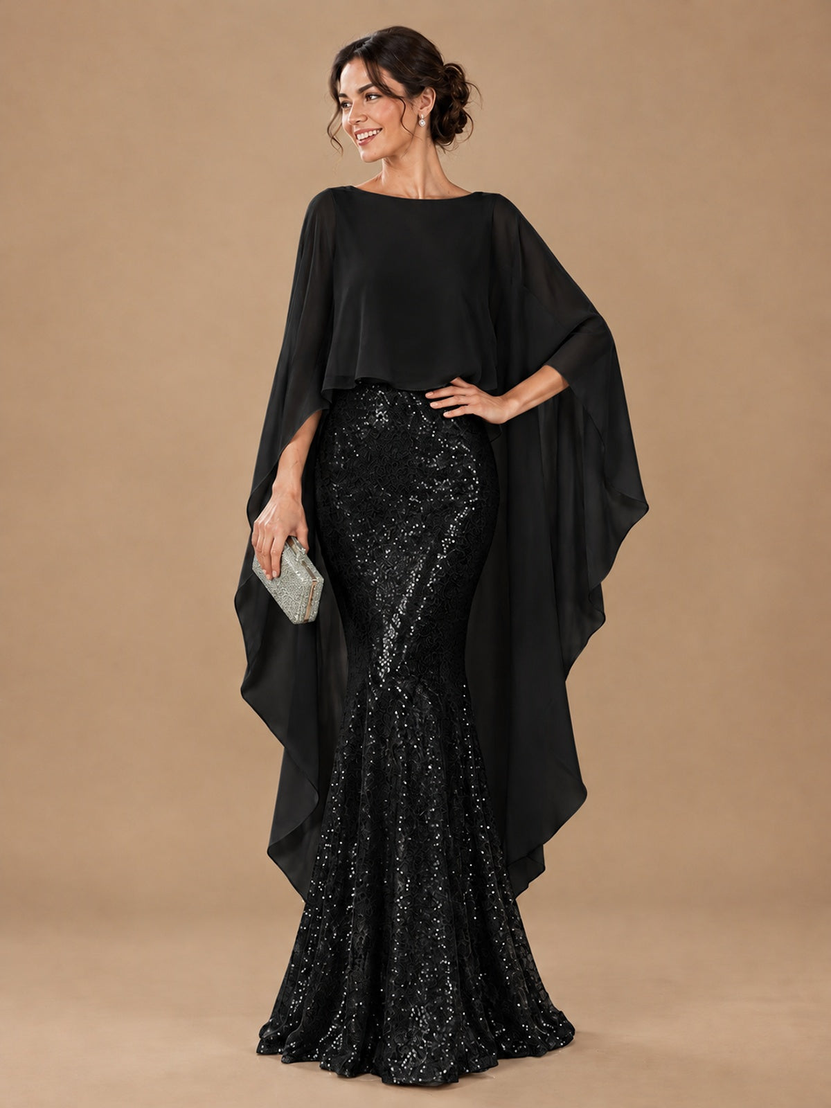 Sequin 2 Pieces Mother of the Bride Dress with Cap Sleeves Chiffon Formal Gowns