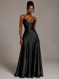 Lavender V Neck Satin Prom Dress with Spaghetti Straps