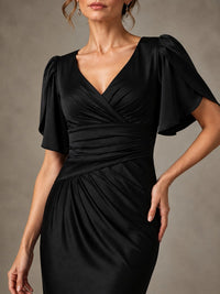 V-Neck Satin Mother of the Bride Dress with Flutter Sleeves