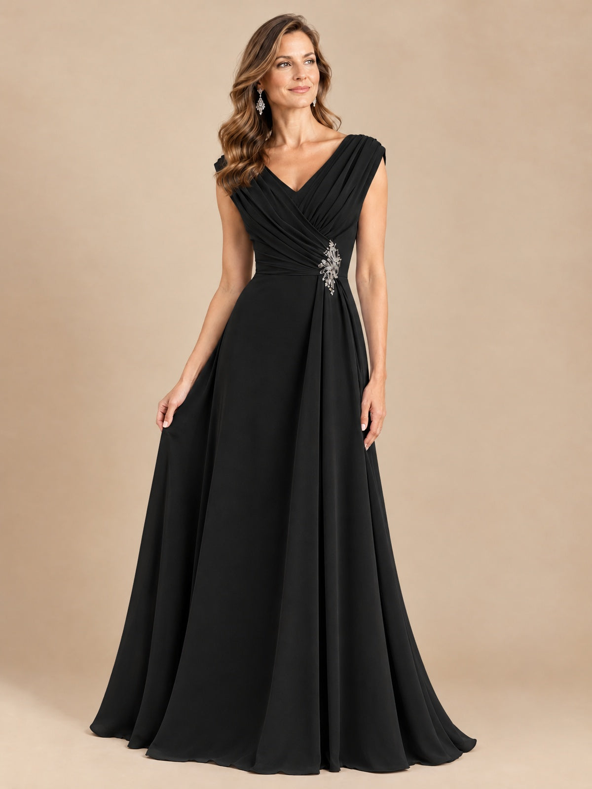V Neck Pleated Mother of The Bride Dresses with Beading Cap Sleeves