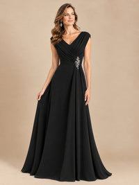 V Neck Pleated Mother of The Bride Dresses with Beading Cap Sleeves
