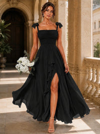 Ruffle Slit Chiffon A Line Scoop Neck Bridesmaid Dresses with Pockets
