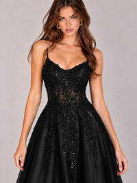 Lace Applique Satin A-Line Prom Dress with Sheer Bodice