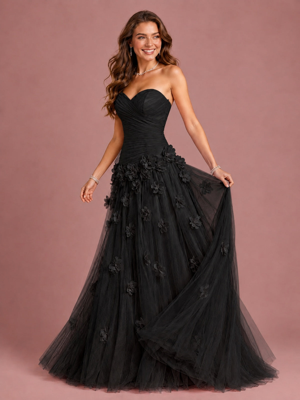 Blush Pink Strapless Sweetheart 3D Floral Tulle Ball Gown Prom Dres