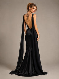 Burgundy Satin Mermaid Cape Maxi Dress
