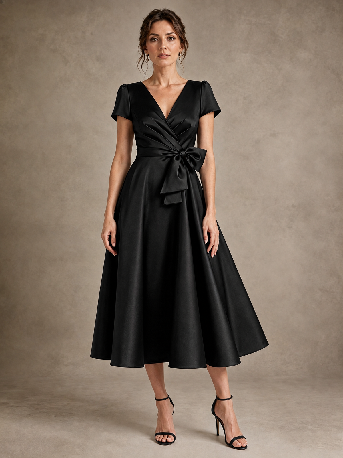 Black V-Neck Tea-Length Satin Mother of the Bride Dress with Bow Jovellee