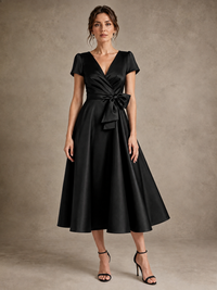Black V-Neck Tea-Length Satin Mother of the Bride Dress with Bow Jovellee