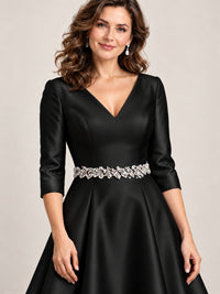 V-Neck Tea-Length Mother of the Bride Dress with Embellished Waist