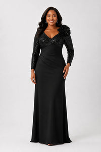 Sequin Mother of the Bride Dress with Long Sleeves 3D Floral V-Neck Gown